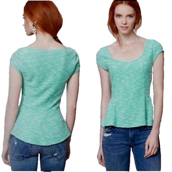 ANTHROPOLOGIE POSTMARK Endash Boucle Green White Marled Top Peplum Size XS EUC - Picture 1 of 8